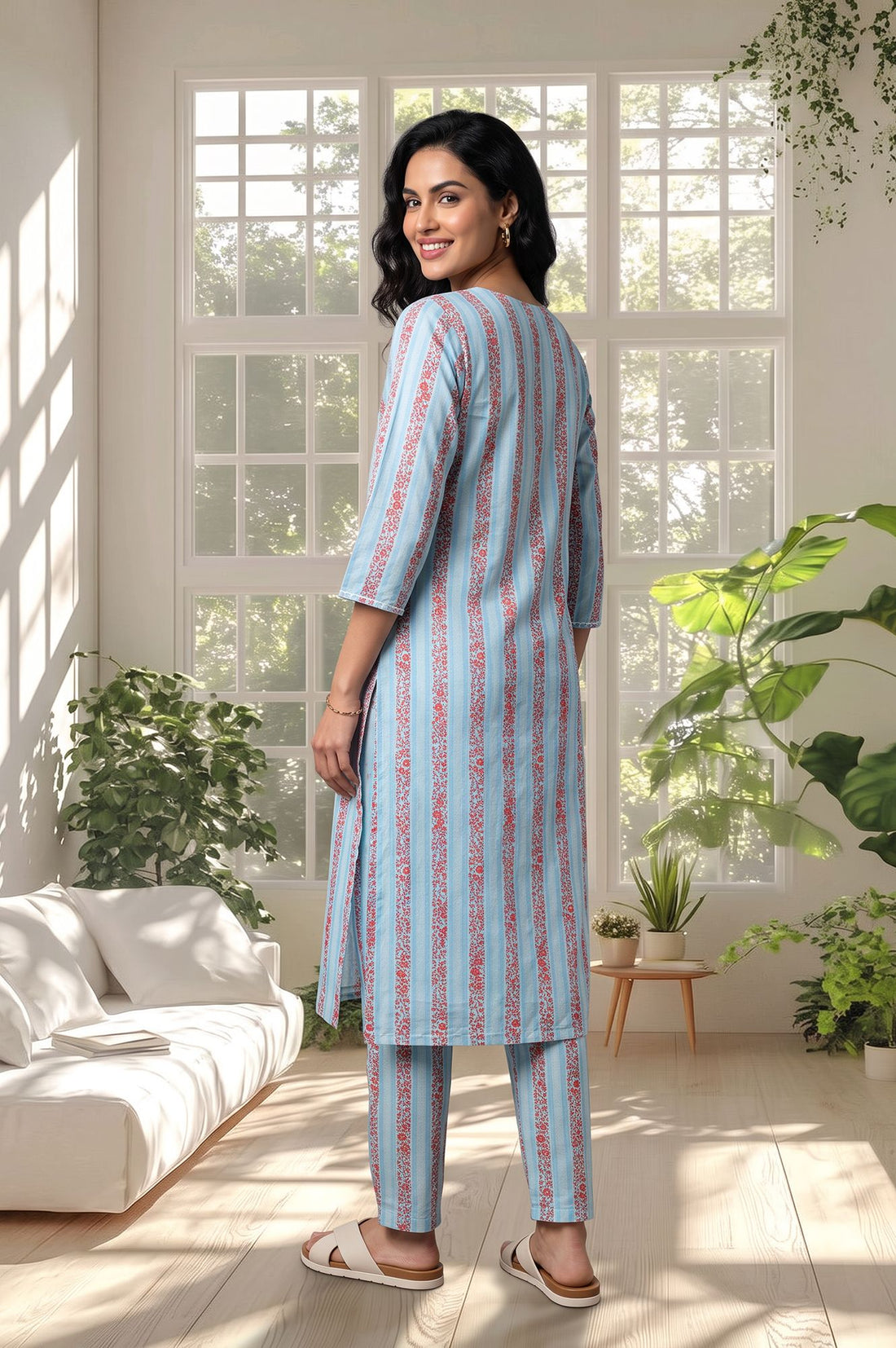 Blue Floral Printed Lace Silk Straight Kurta with Trousers Set