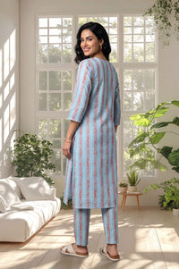 Blue Floral Printed Lace Silk Straight Kurta with Trousers Set