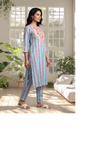 Blue Floral Printed Lace Silk Straight Kurta with Trousers Set