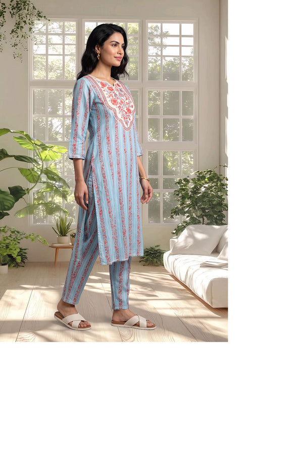 Blue Floral Printed Lace Silk Straight Kurta with Trousers Set