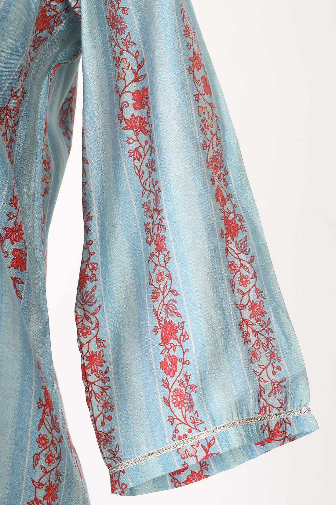 Blue Floral Printed Lace Silk Straight Kurta with Trousers Set