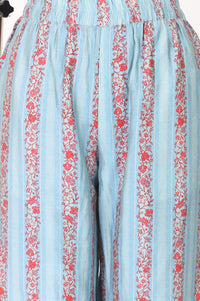 Blue Floral Printed Lace Silk Straight Kurta with Trousers Set