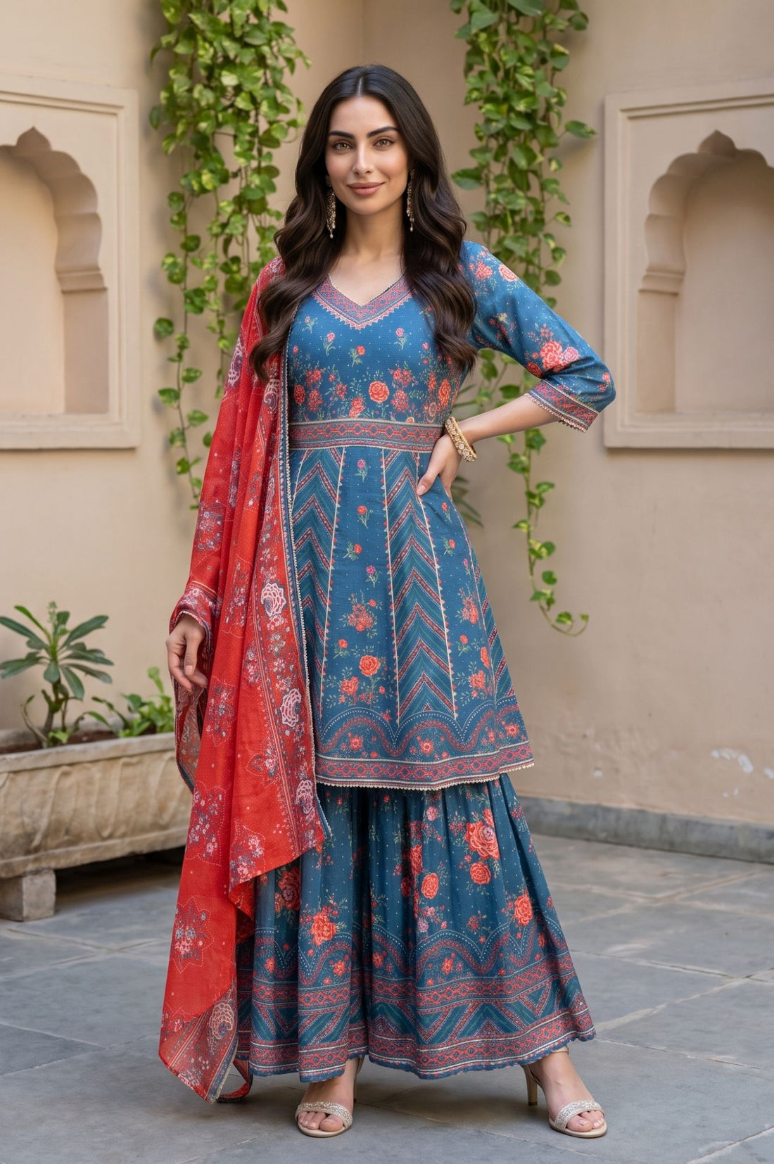 Blue Floral Print A-Line Kurta with Sharara &amp; Red Dupatta Set