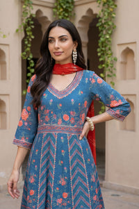 Blue Floral Print A-Line Kurta with Sharara &amp; Red Dupatta Set