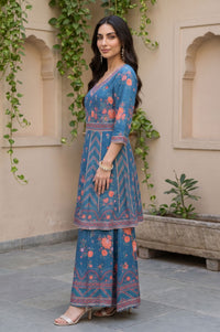 Blue Floral Print A-Line Kurta with Sharara &amp; Red Dupatta Set