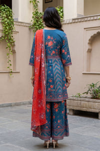 Blue Floral Print A-Line Kurta with Sharara &amp; Red Dupatta Set
