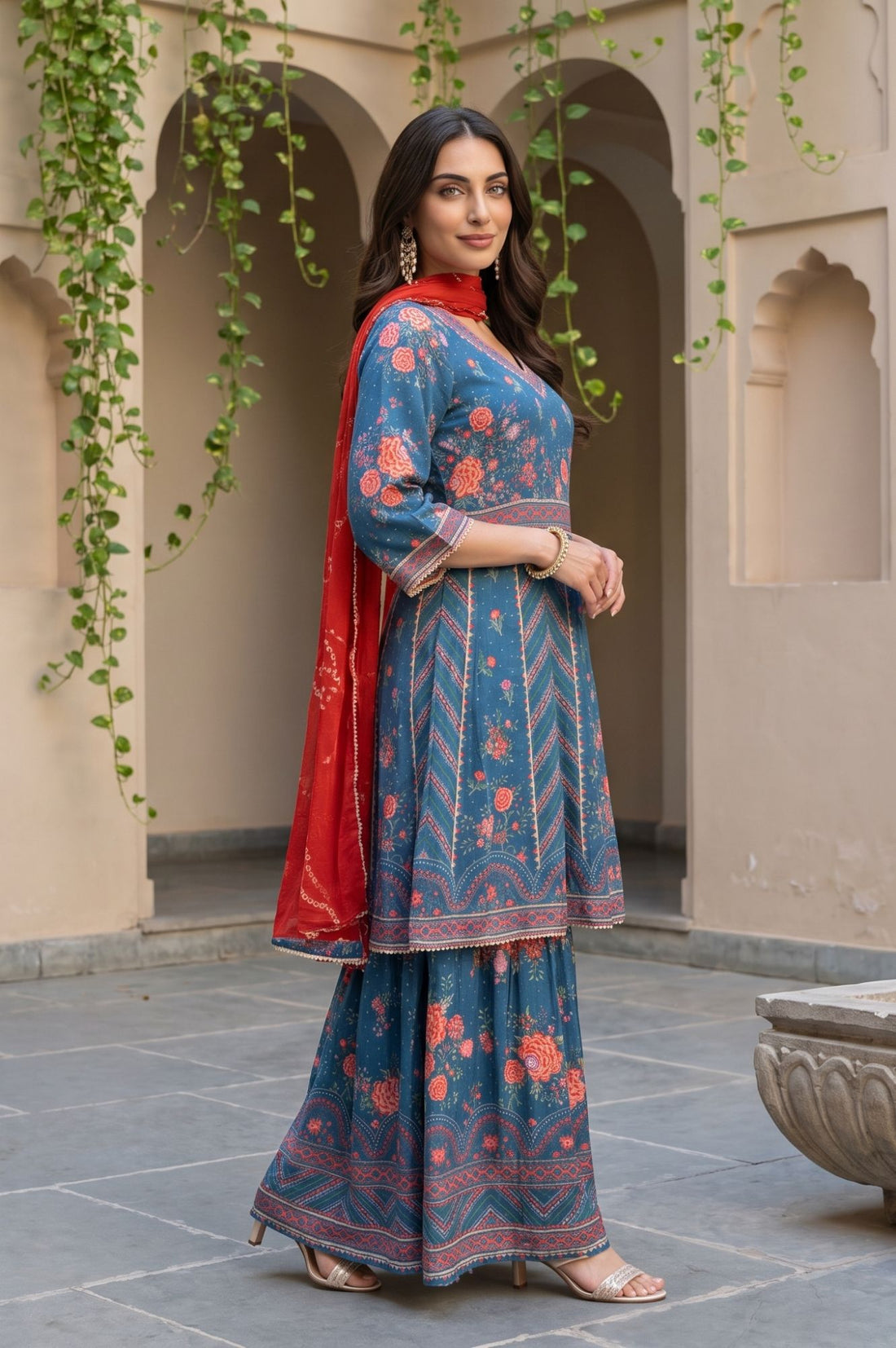 Blue Floral Print A-Line Kurta with Sharara &amp; Red Dupatta Set