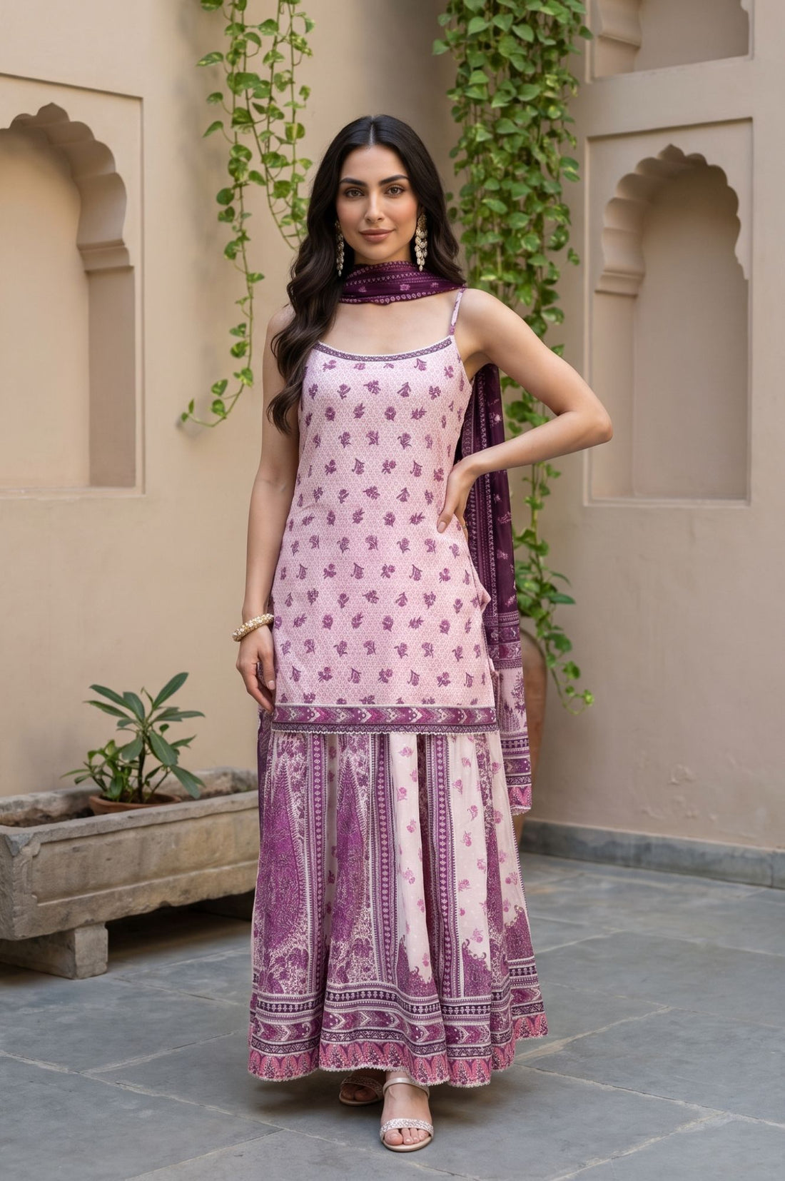 Pink Floral Print Straight Kurta with Skirt &amp; Dupatta Set