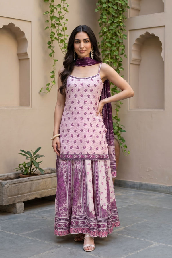 Pink Floral Print Straight Kurta with Skirt & Dupatta Set