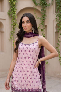 Pink Floral Print Straight Kurta with Skirt &amp; Dupatta Set