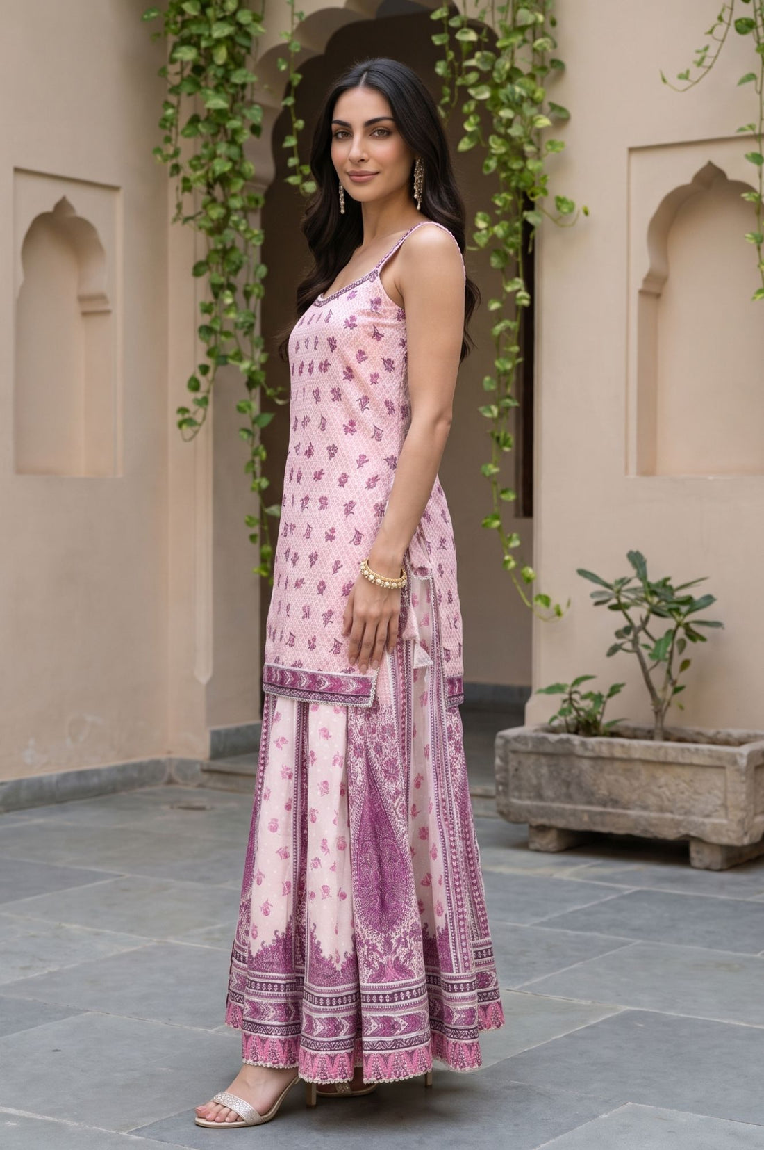 Pink Floral Print Straight Kurta with Skirt &amp; Dupatta Set