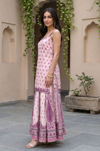 Pink Floral Print Straight Kurta with Skirt &amp; Dupatta Set