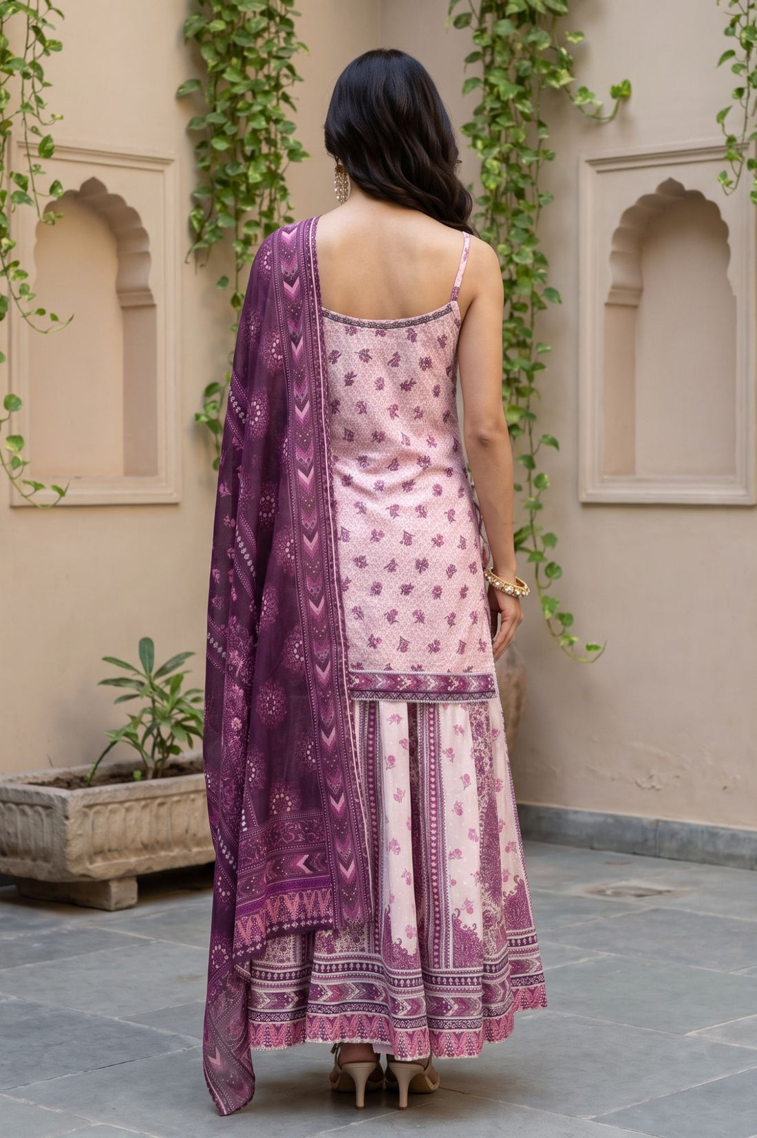 Pink Floral Print Straight Kurta with Skirt &amp; Dupatta Set