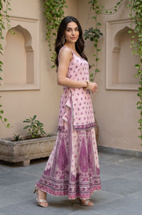 Pink Floral Print Straight Kurta with Skirt &amp; Dupatta Set