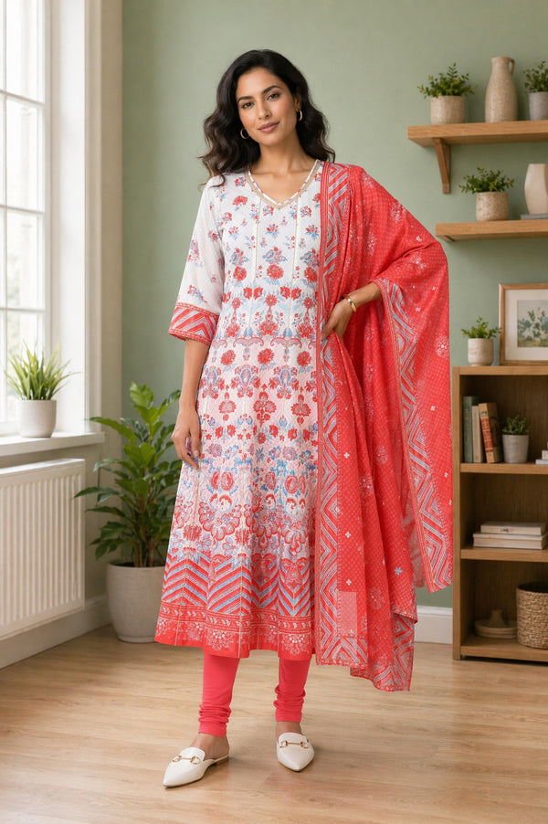 Aurelia Women's Off White Floral Printed Pure Cotton Straight Kurta with Leggings and Dupatta Set