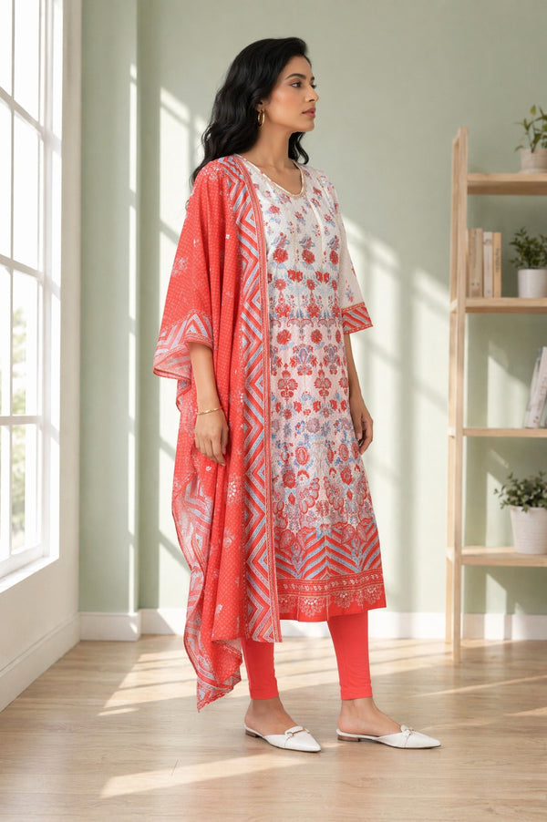 Aurelia Women's Off White Floral Printed Pure Cotton Straight Kurta with Leggings and Dupatta Set