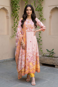 Pink Floral Printed Lace Rayon A-line Kurta with Tights and Dupatta Set