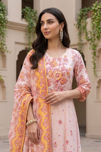 Pink Floral Printed Lace Rayon A-line Kurta with Tights and Dupatta Set