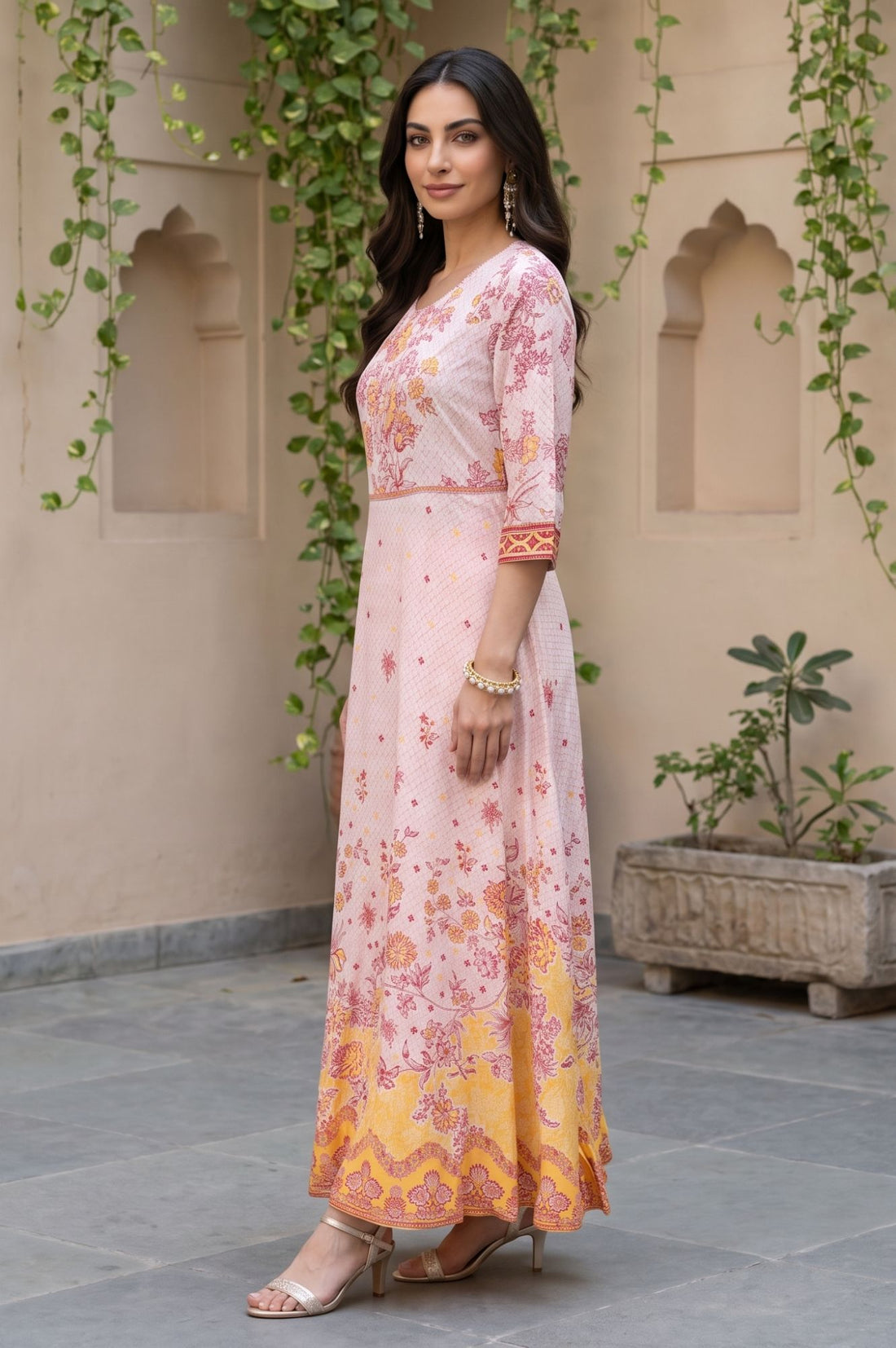Pink Floral Printed Lace Rayon A-line Kurta with Tights and Dupatta Set
