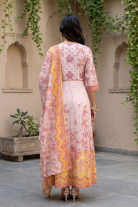 Pink Floral Printed Lace Rayon A-line Kurta with Tights and Dupatta Set