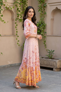 Pink Floral Printed Lace Rayon A-line Kurta with Tights and Dupatta Set