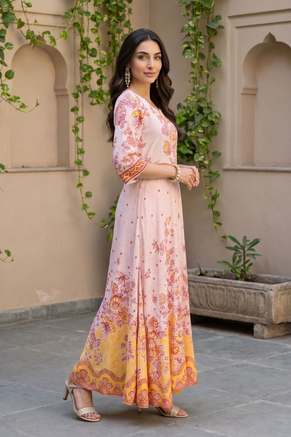 Pink Floral Printed Lace Rayon A-line Kurta with Tights and Dupatta Set