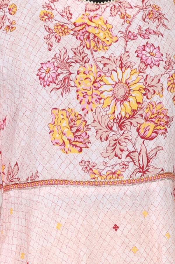 Pink Floral Printed Lace Rayon A-line Kurta with Tights and Dupatta Set