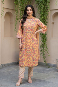 Yellow Floral Print Pure Cotton Straight Kurta with Trouser &amp; Dupatta Set