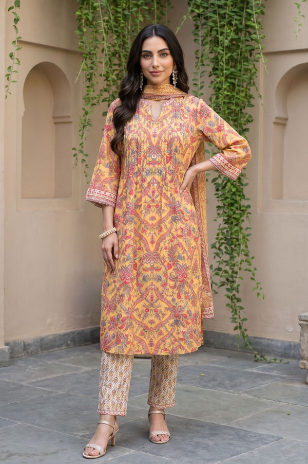 Yellow Floral Print Pure Cotton Straight Kurta with Trouser & Dupatta Set