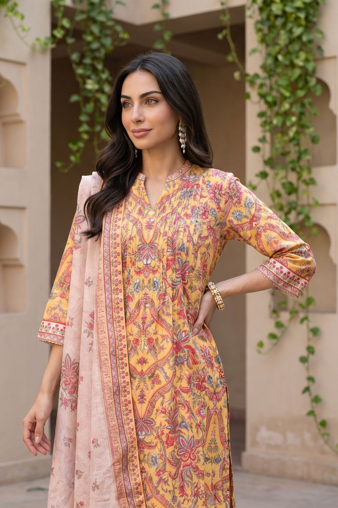 Yellow Floral Print Pure Cotton Straight Kurta with Trouser &amp; Dupatta Set