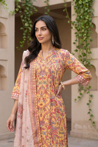 Yellow Floral Print Pure Cotton Straight Kurta with Trouser &amp; Dupatta Set