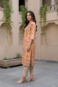 Yellow Floral Print Pure Cotton Straight Kurta with Trouser &amp; Dupatta Set