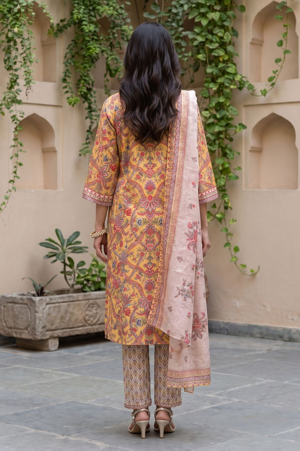 Yellow Floral Print Pure Cotton Straight Kurta with Trouser & Dupatta Set
