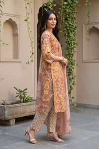 Yellow Floral Print Pure Cotton Straight Kurta with Trouser &amp; Dupatta Set