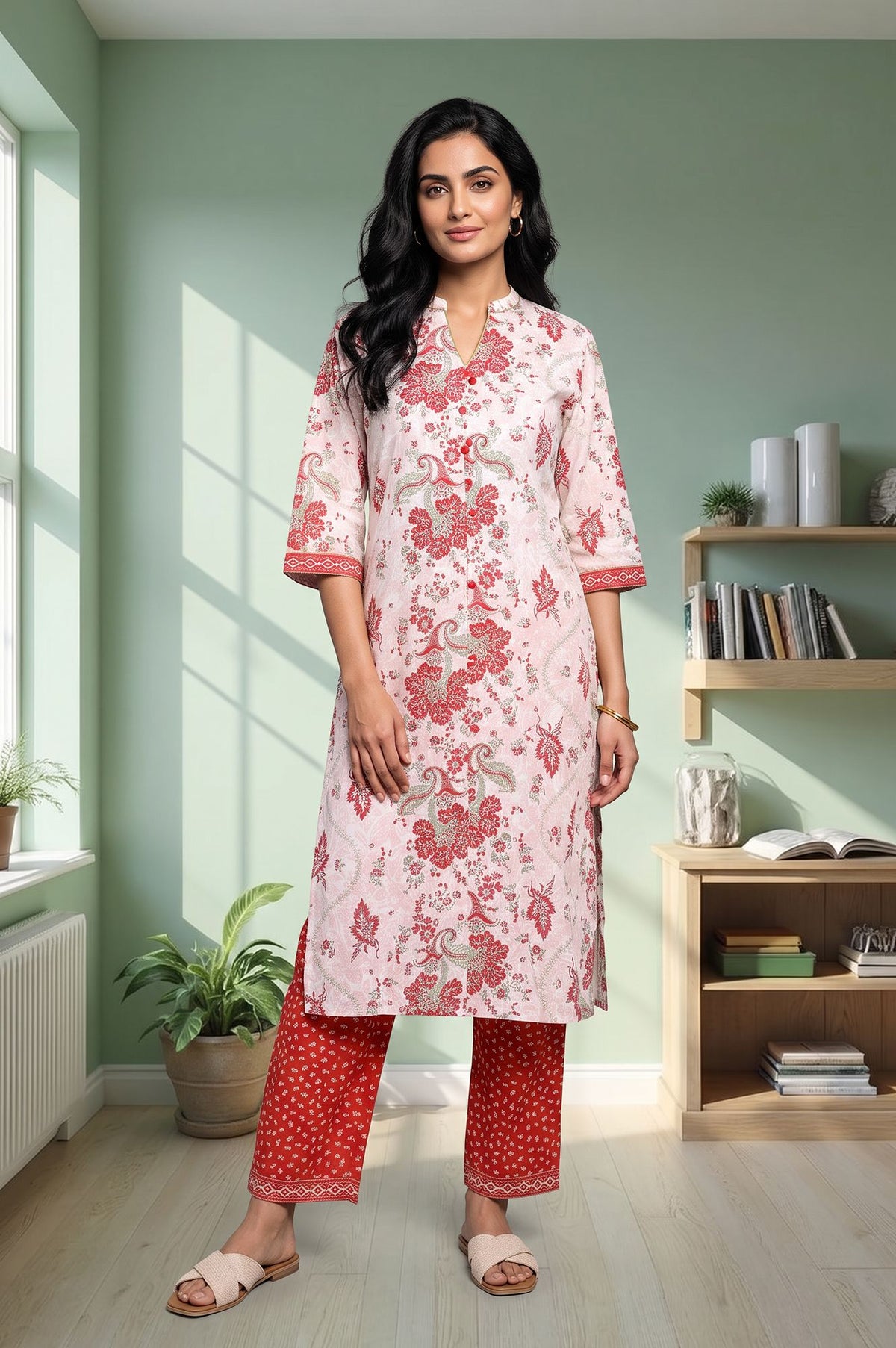 White Floral Printed Pure Cotton Straight Kurta with Trousers Set - XS