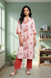 White Floral Printed Pure Cotton Straight Kurta with Trousers Set