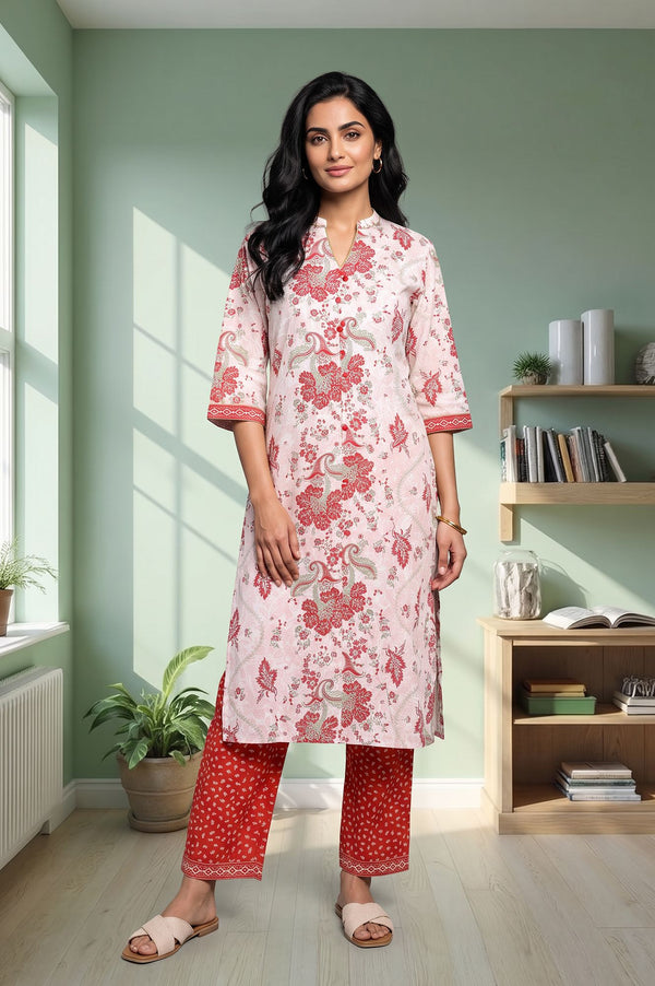 White Floral Printed Pure Cotton Straight Kurta with Trousers Set