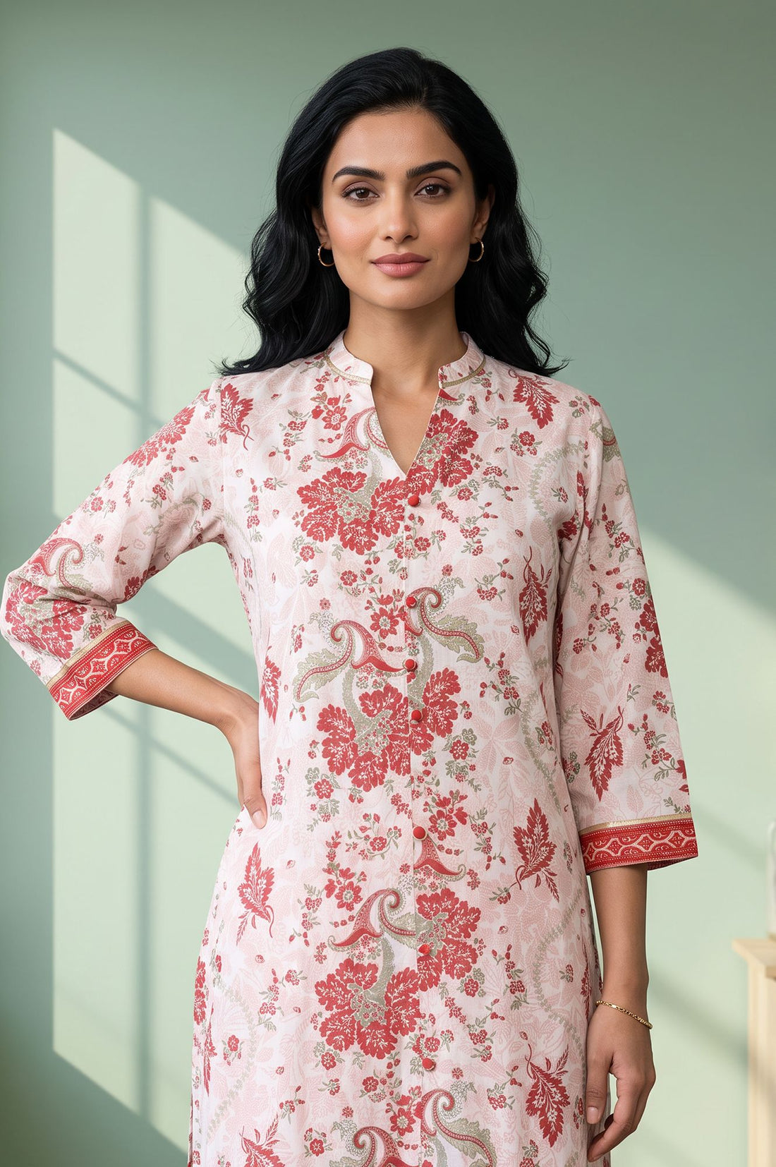 White Floral Printed Pure Cotton Straight Kurta with Trousers Set