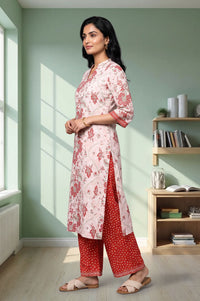 White Floral Printed Pure Cotton Straight Kurta with Trousers Set