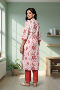 White Floral Printed Pure Cotton Straight Kurta with Trousers Set