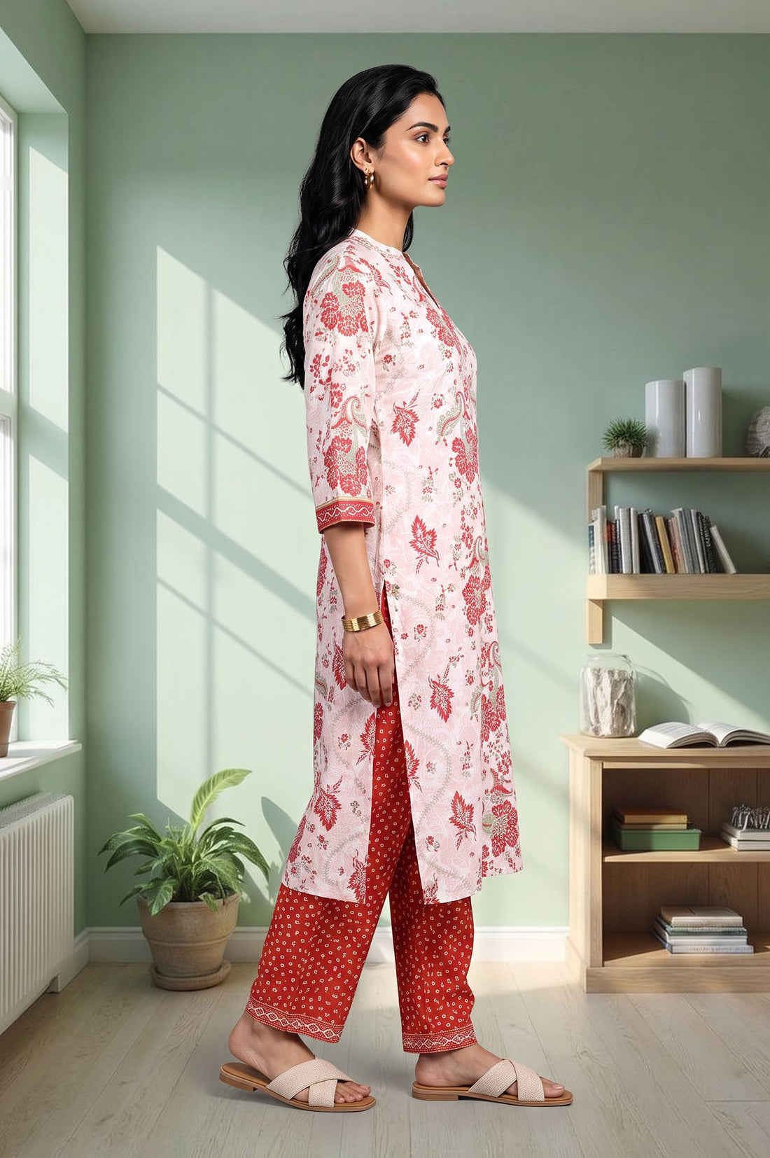 White Floral Printed Pure Cotton Straight Kurta with Trousers Set