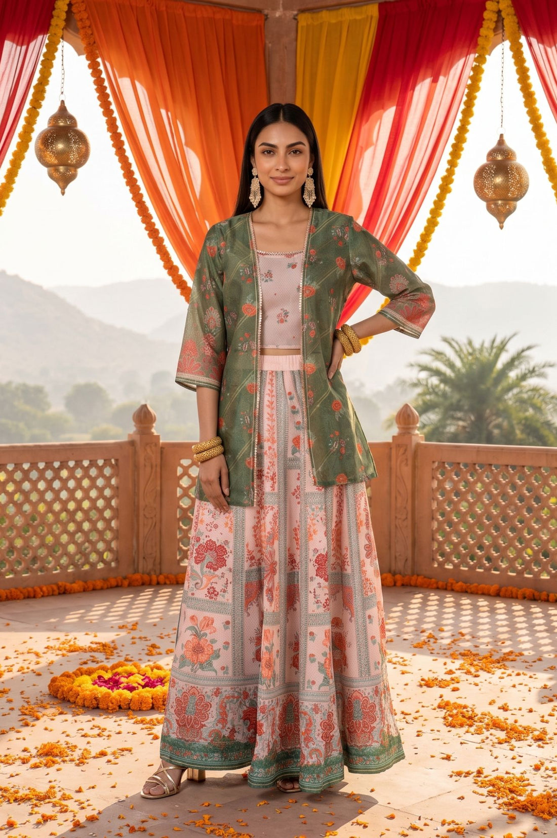 Peach Floral Print Chanderi Crop Top with Skirt &amp; Gillet Set