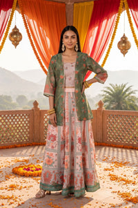 Peach Floral Print Chanderi Crop Top with Skirt &amp; Gillet Set