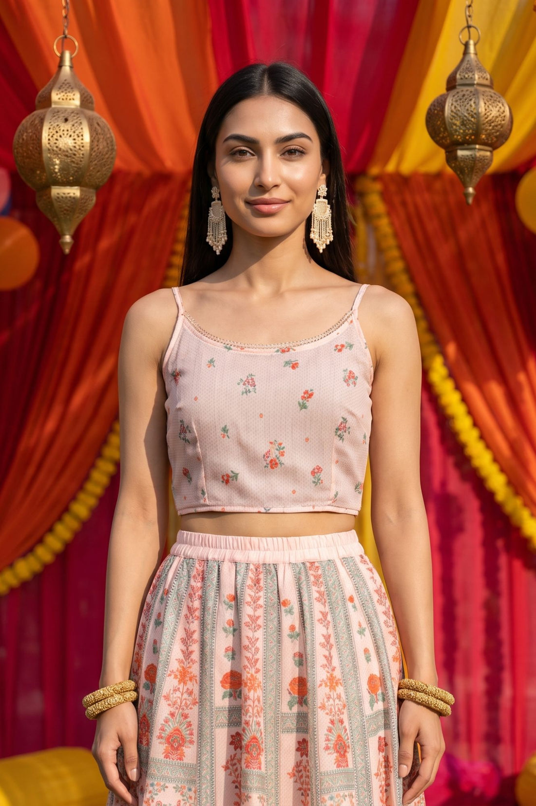 Peach Floral Print Chanderi Crop Top with Skirt &amp; Gillet Set