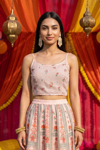 Peach Floral Print Chanderi Crop Top with Skirt &amp; Gillet Set