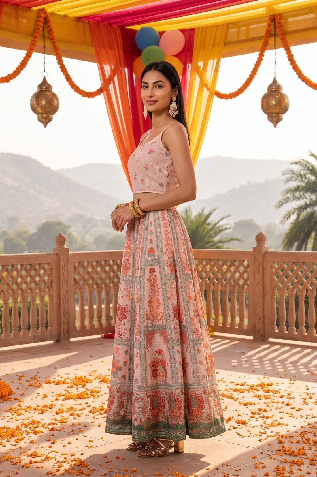 Peach Floral Print Chanderi Crop Top with Skirt &amp; Gillet Set
