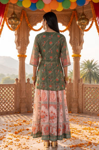 Peach Floral Print Chanderi Crop Top with Skirt &amp; Gillet Set