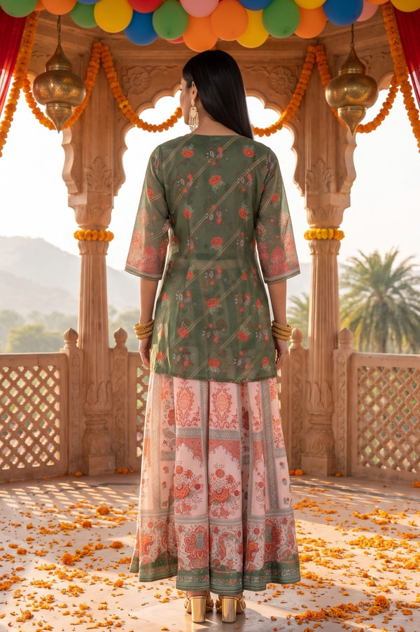 Peach Floral Print Chanderi Crop Top with Skirt & Gillet Set