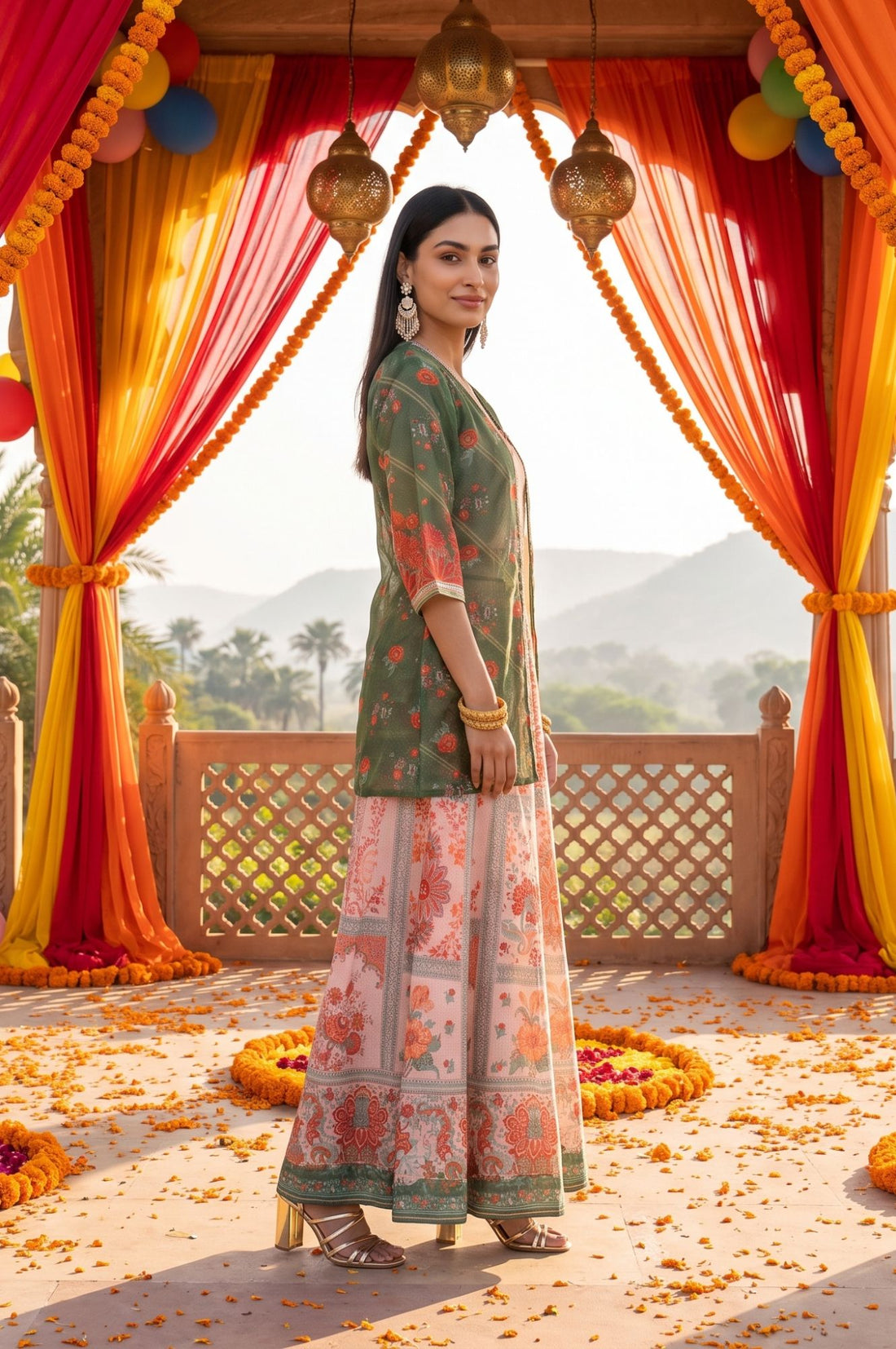 Peach Floral Print Chanderi Crop Top with Skirt &amp; Gillet Set