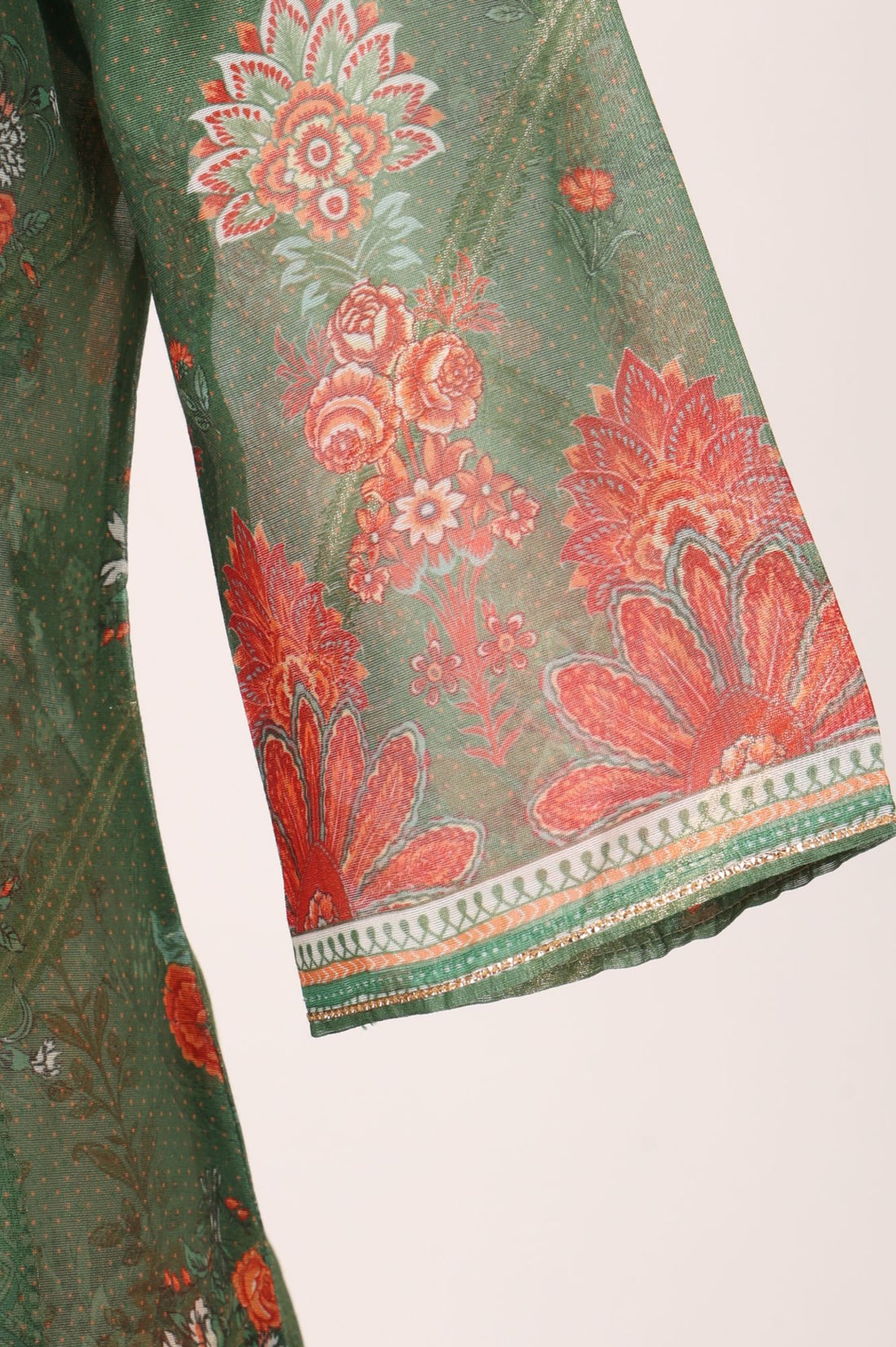 Peach Floral Print Chanderi Crop Top with Skirt &amp; Gillet Set